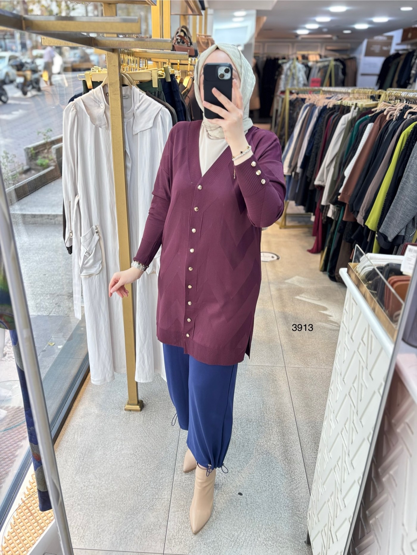 3913 V Desenli Merserize Tunik