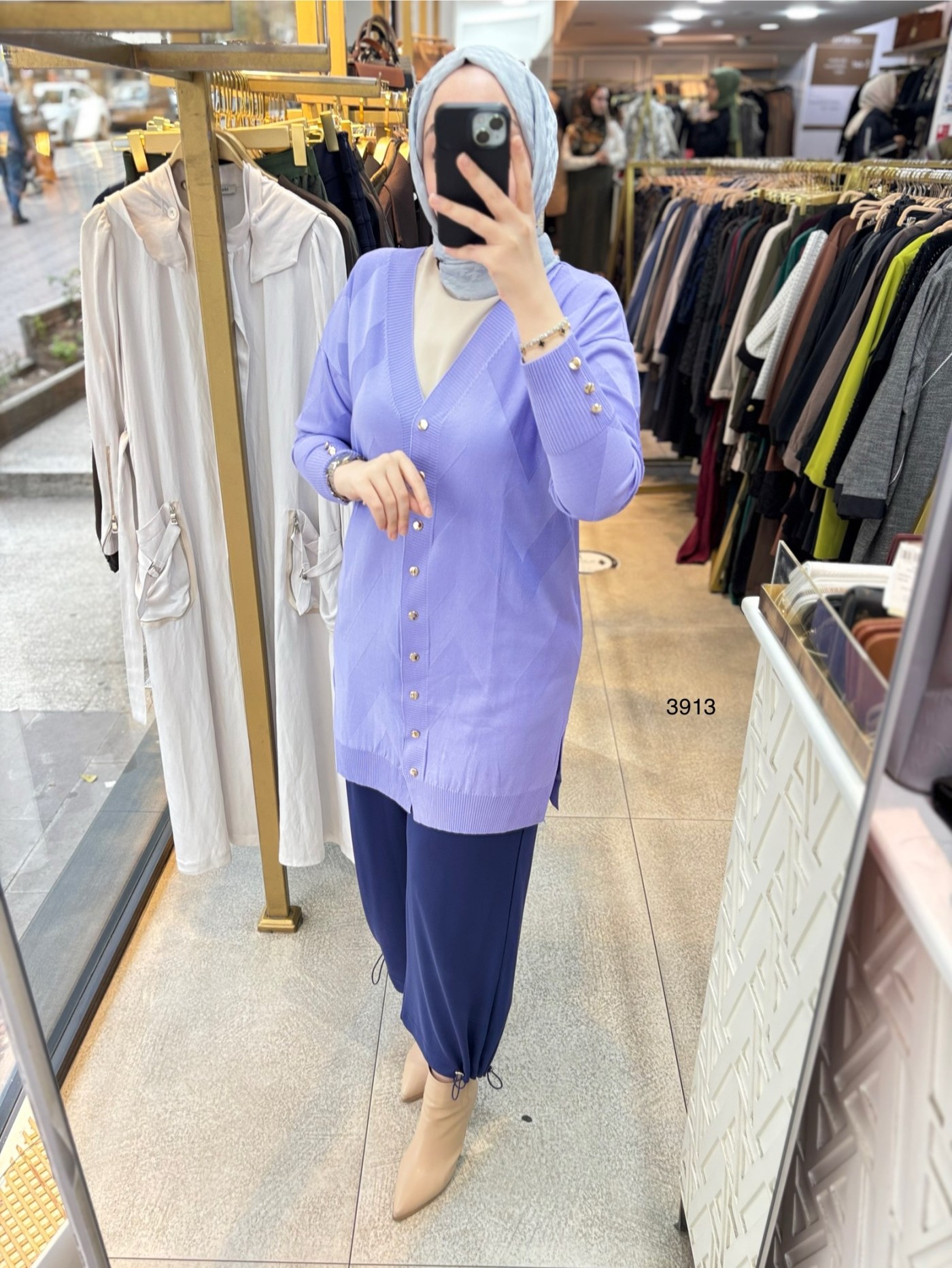 3913 V Desenli Merserize Tunik