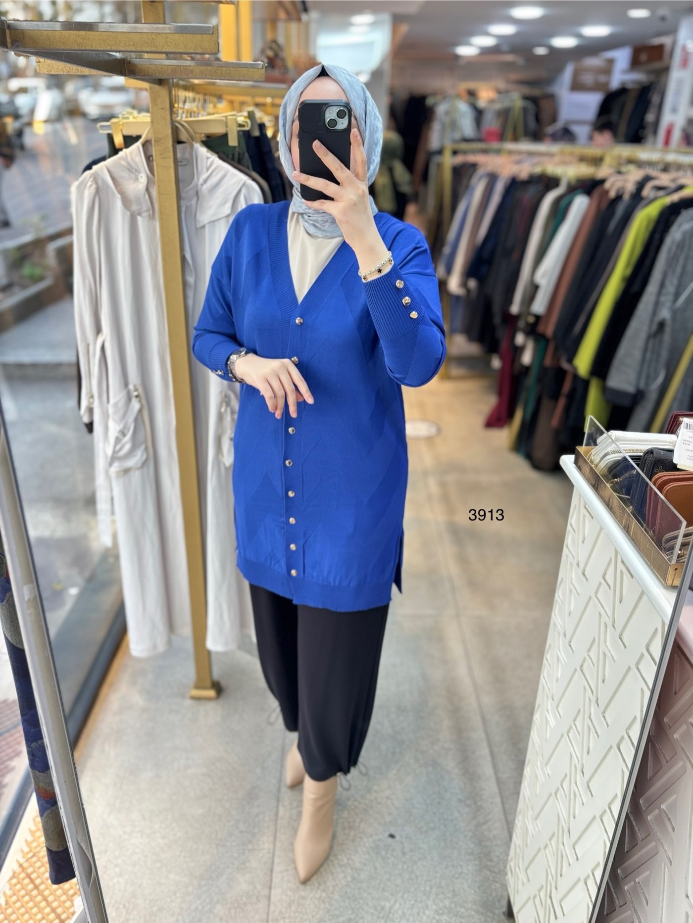 3913 V Desenli Merserize Tunik