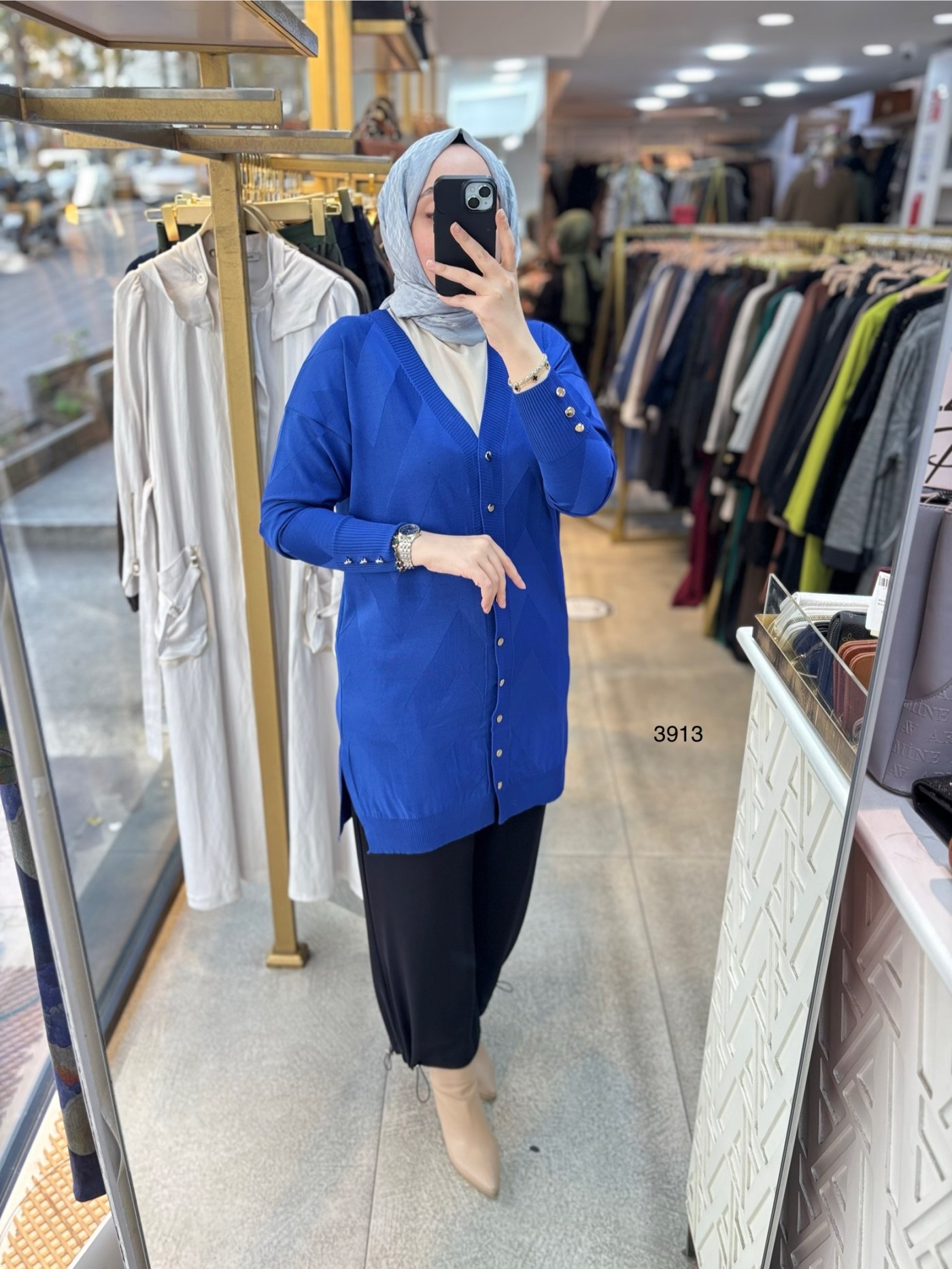 3913 V Desenli Merserize Tunik