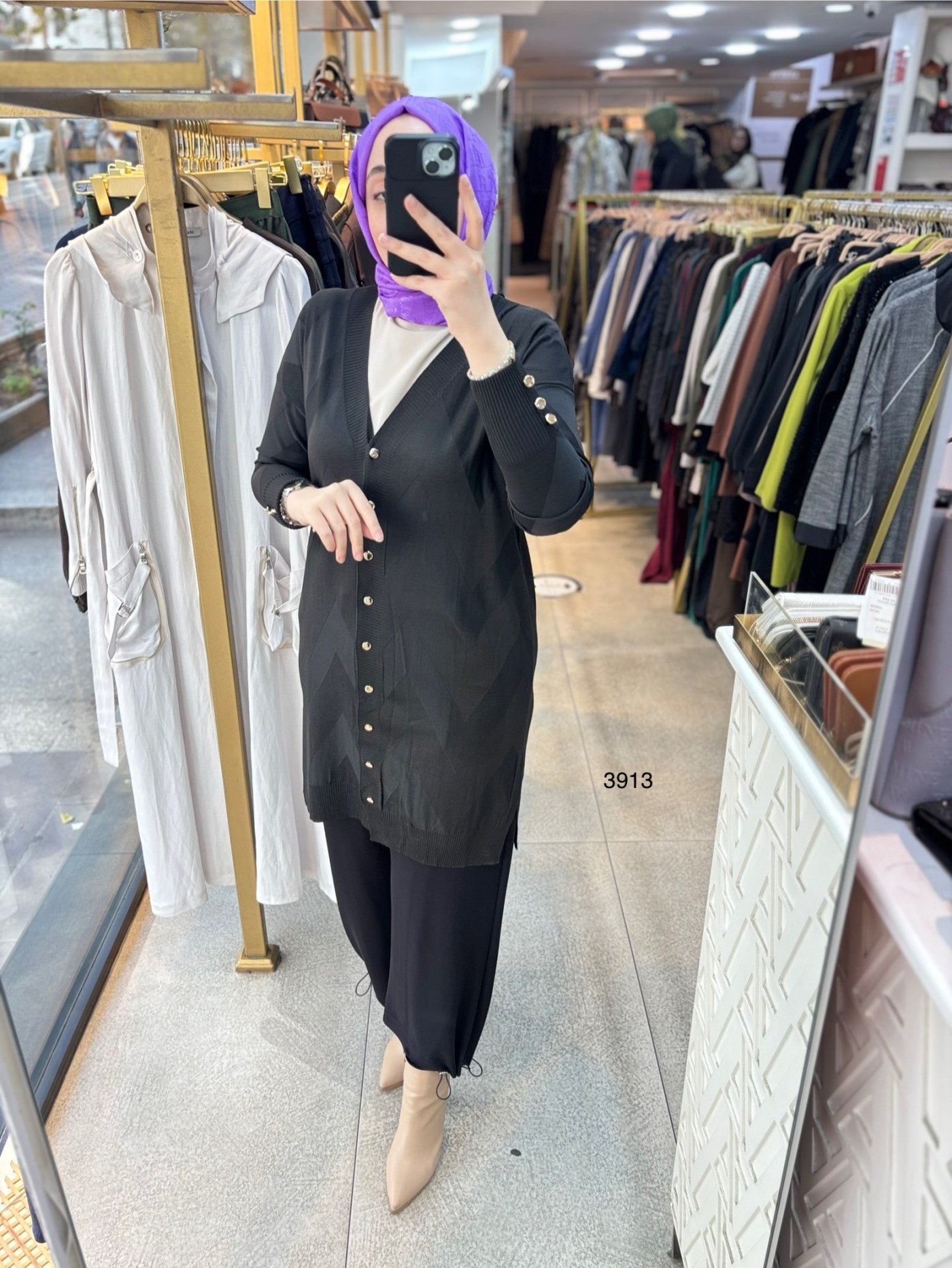 3913 V Desenli Merserize Tunik