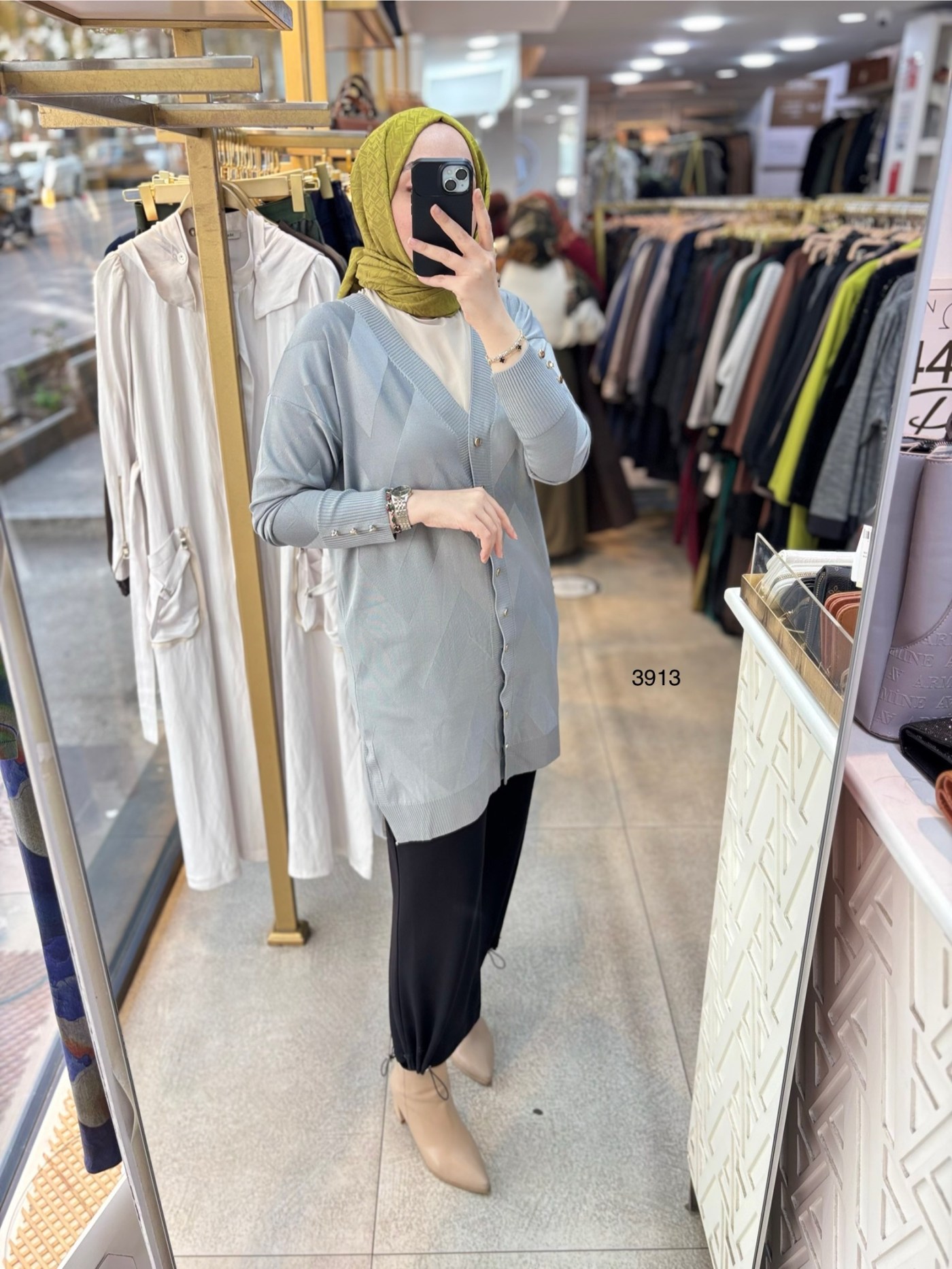 3913 V Desenli Merserize Tunik