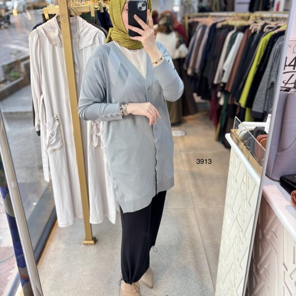 3913 V Desenli Merserize Tunik - Görsel 3