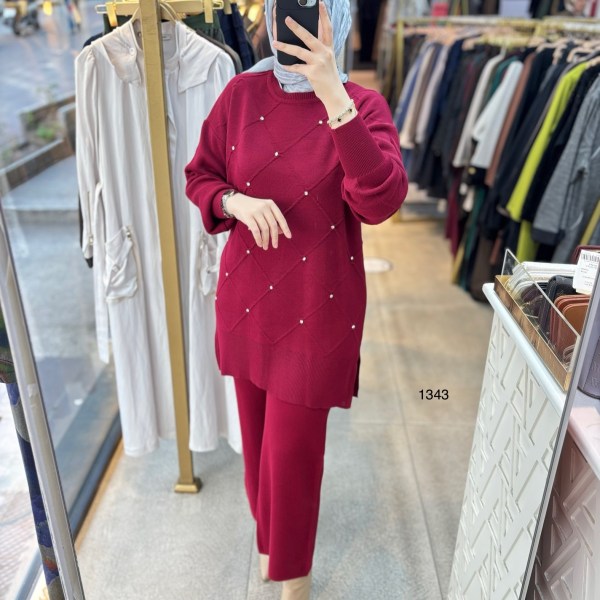 1343 Taş Detaylı Örme Triko Takım - Görsel 6