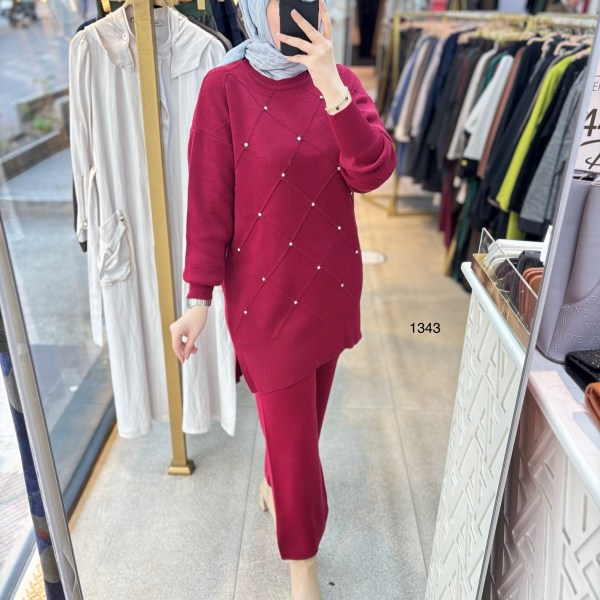 1343 Taş Detaylı Örme Triko Takım - Görsel 5