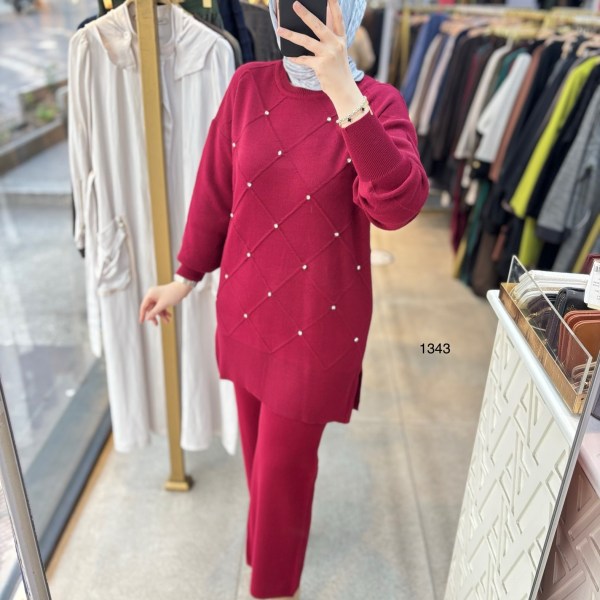 1343 Taş Detaylı Örme Triko Takım - Görsel 8