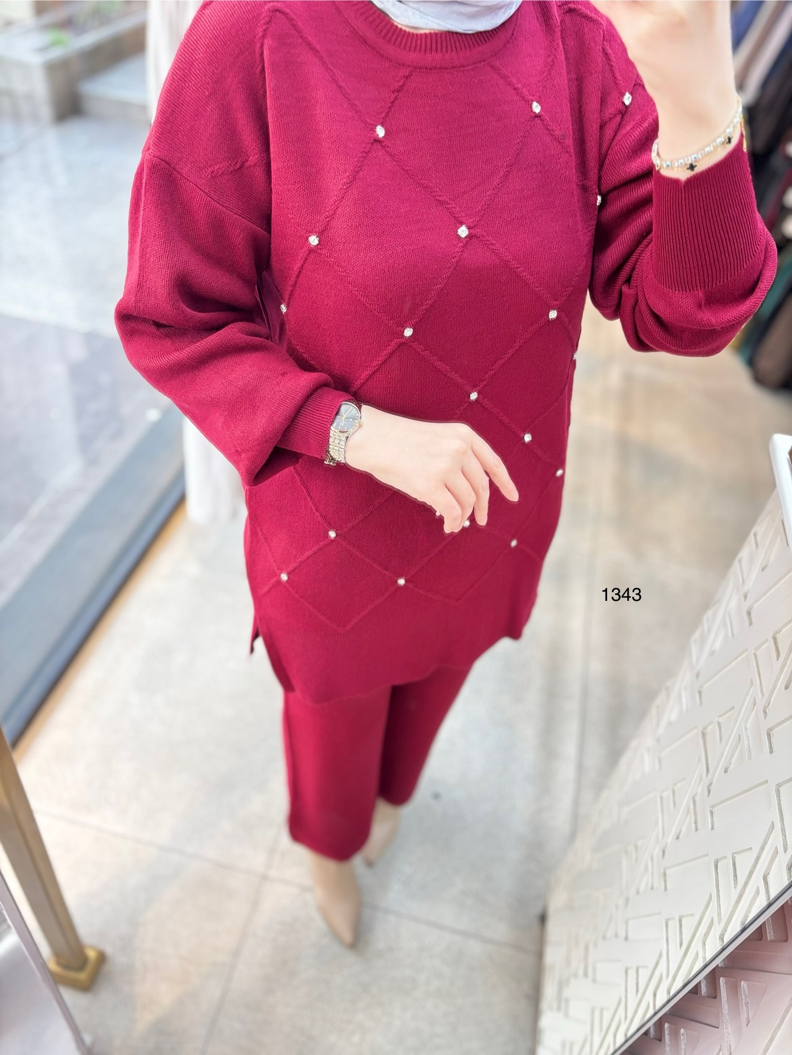 1343 Taş Detaylı Örme Triko Takım - Görsel 7