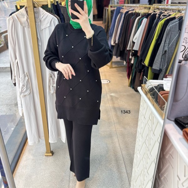 1343 Taş Detaylı Örme Triko Takım - Görsel 10