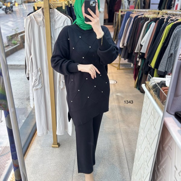 1343 Taş Detaylı Örme Triko Takım - Görsel 9