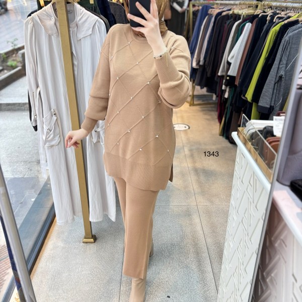 1343 Taş Detaylı Örme Triko Takım - Görsel 3