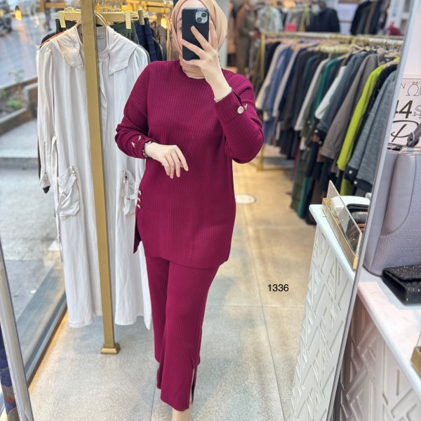 1336 Düğme Detaylı Örme Tirko Takım - Görsel 1