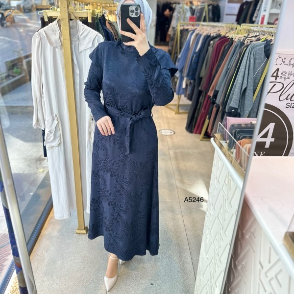 A5246 Desenli Saten Krep Kumaş Elbise - Görsel 1