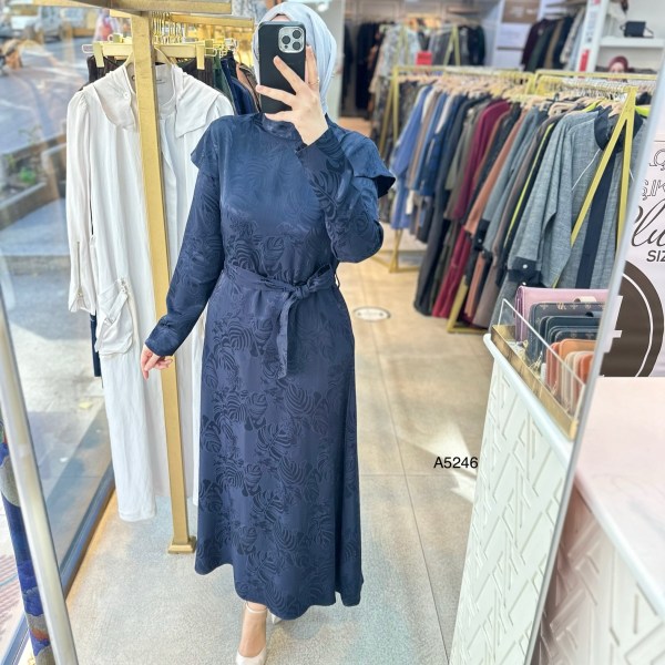 A5246 Desenli Saten Krep Kumaş Elbise - Görsel 3