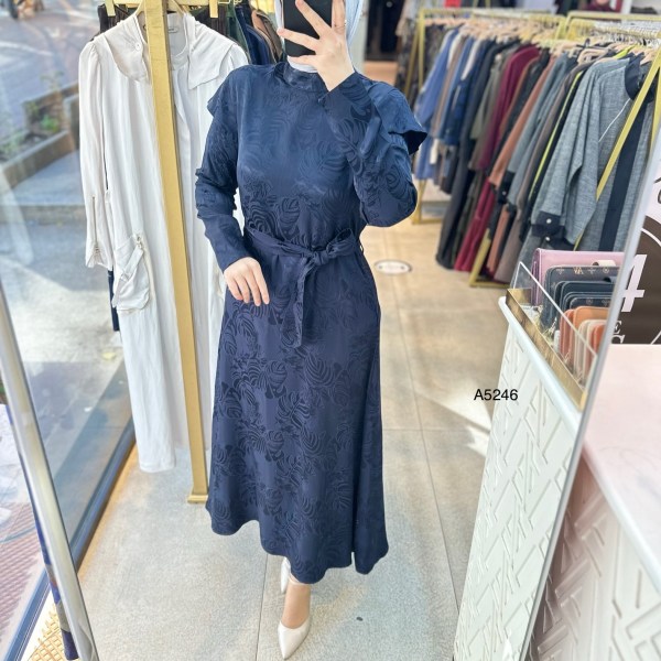 A5246 Desenli Saten Krep Kumaş Elbise - Görsel 10