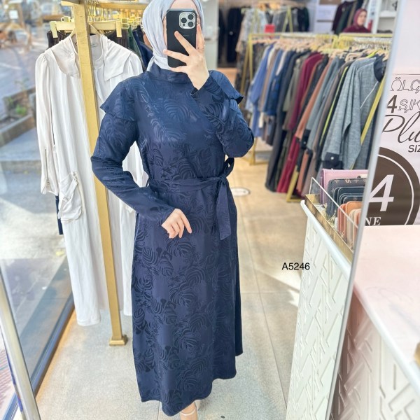 A5246 Desenli Saten Krep Kumaş Elbise - Görsel 13