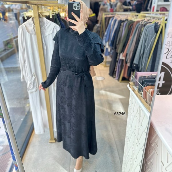 A5246 Desenli Saten Krep Kumaş Elbise - Görsel 5