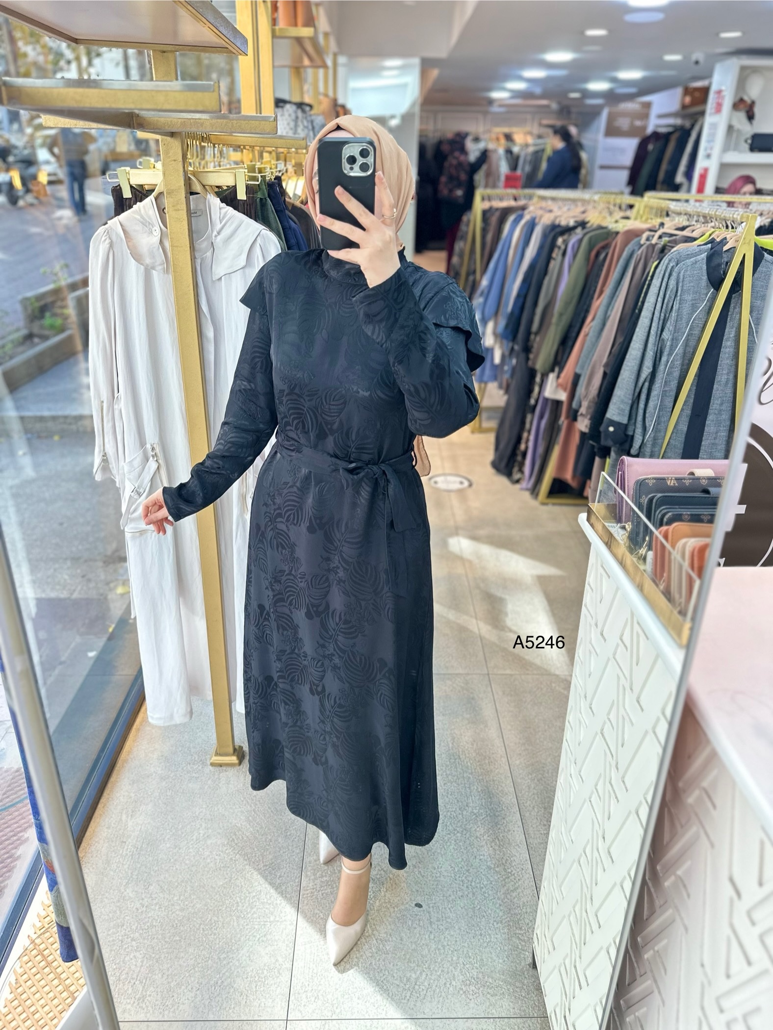 A5246 Desenli Saten Krep Kumaş Elbise - Görsel 8