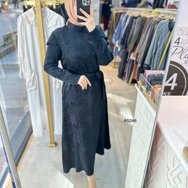 A5246 Desenli Saten Krep Kumaş Elbise - Görsel 11