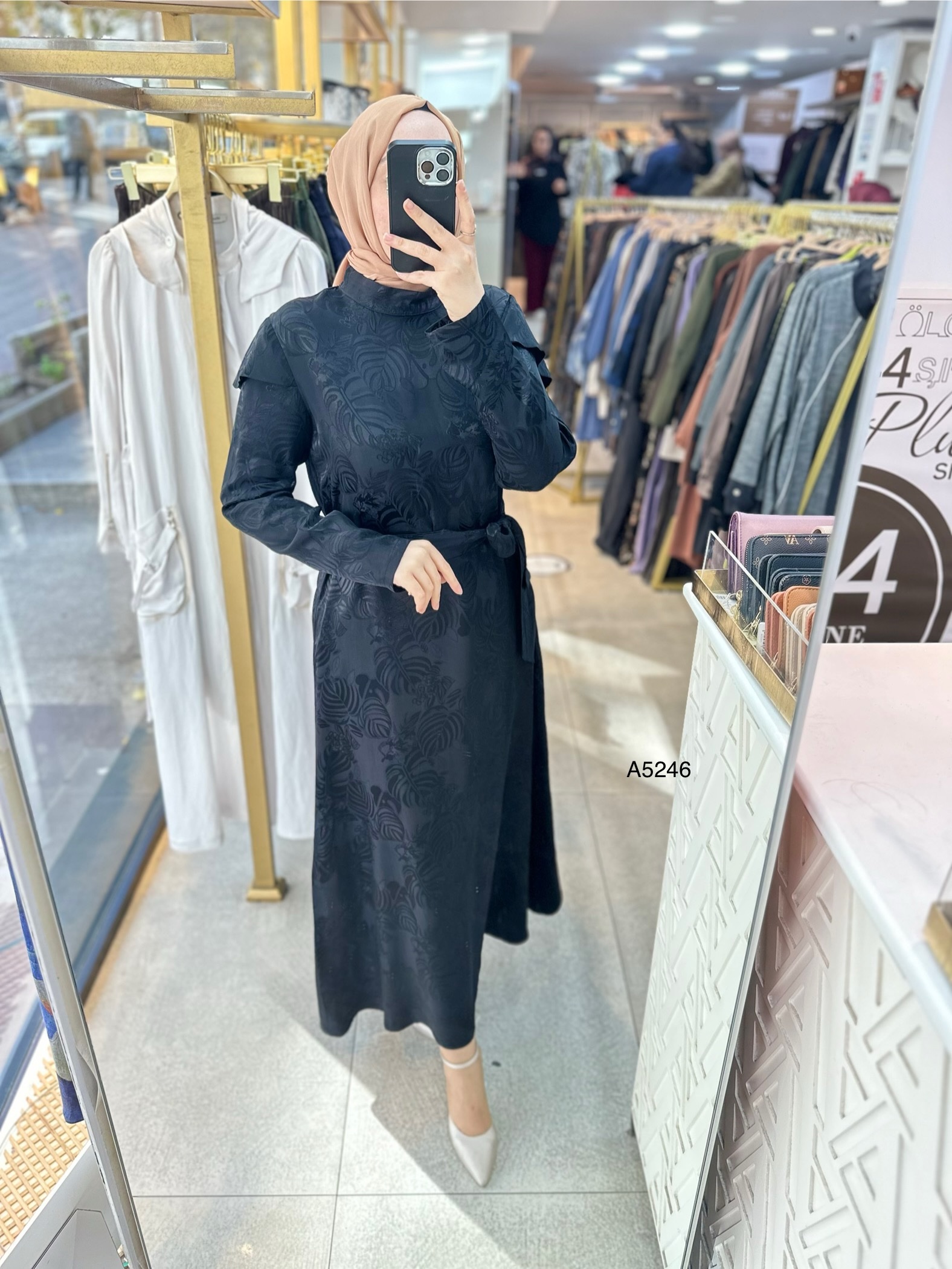 A5246 Desenli Saten Krep Kumaş Elbise - Görsel 11