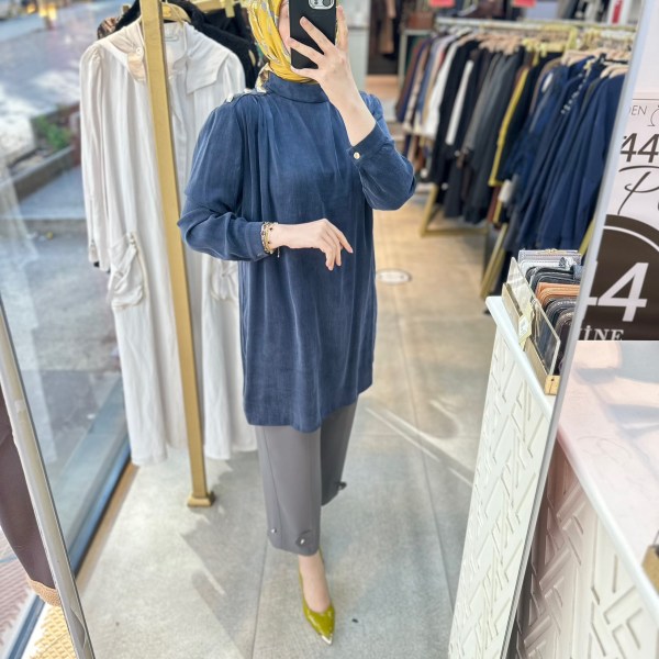 SZ2925 Selma Zaferoğlu Düğme Detaylı İpek Kupra Tunik - Görsel 4