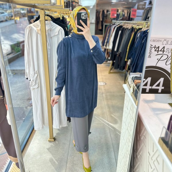 SZ2925 Selma Zaferoğlu Düğme Detaylı İpek Kupra Tunik - Görsel 1