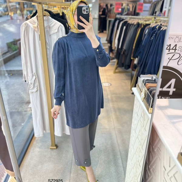 SZ2925 Selma Zaferoğlu Düğme Detaylı İpek Kupra Tunik - Görsel 5