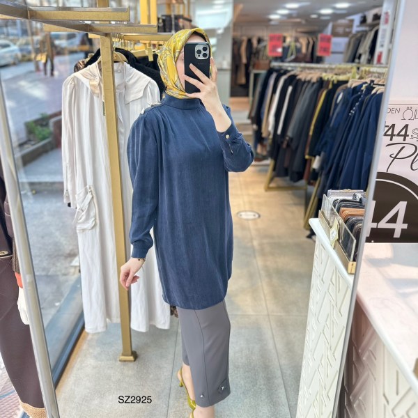 SZ2925 Selma Zaferoğlu Düğme Detaylı İpek Kupra Tunik - Görsel 3