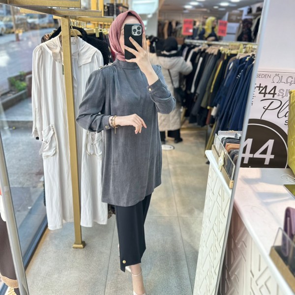 SZ2925 Selma Zaferoğlu Düğme Detaylı İpek Kupra Tunik - Görsel 9