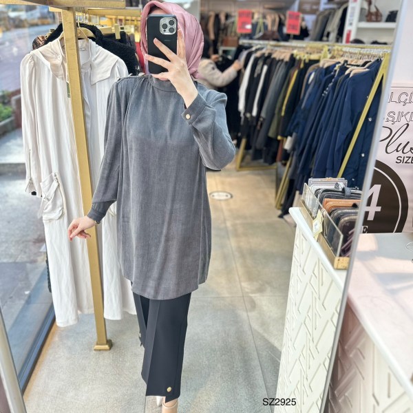 SZ2925 Selma Zaferoğlu Düğme Detaylı İpek Kupra Tunik - Görsel 14