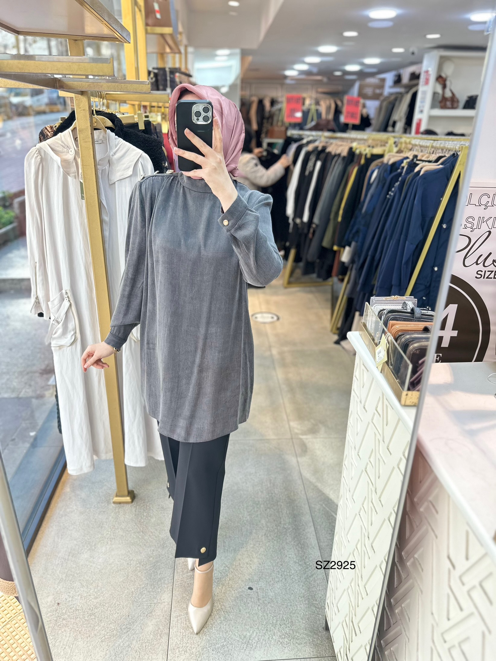 SZ2925 Selma Zaferoğlu Düğme Detaylı İpek Kupra Tunik - Görsel 8