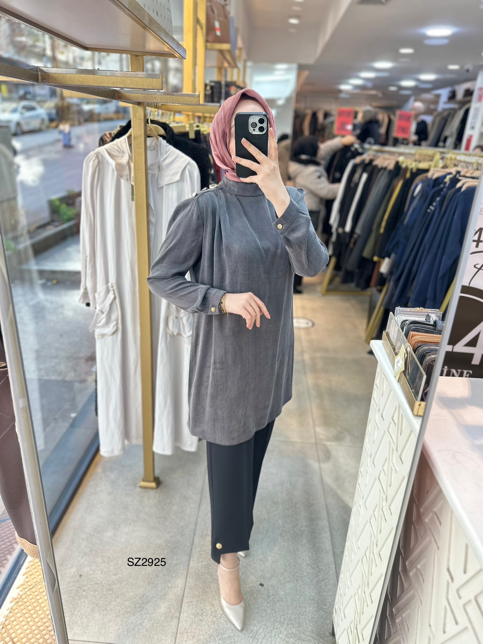 SZ2925 Selma Zaferoğlu Düğme Detaylı İpek Kupra Tunik - Görsel 12