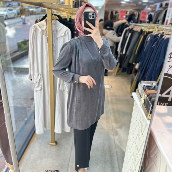 SZ2925 Selma Zaferoğlu Düğme Detaylı İpek Kupra Tunik - Görsel 16