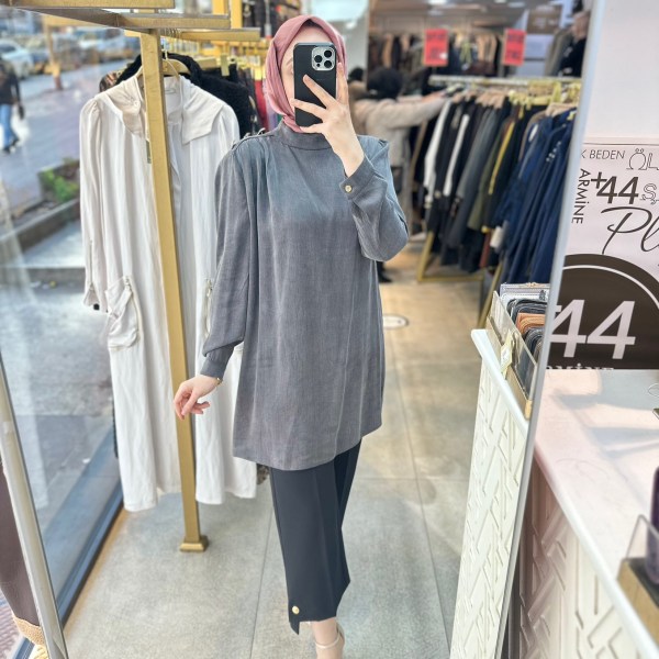 SZ2925 Selma Zaferoğlu Düğme Detaylı İpek Kupra Tunik - Görsel 6