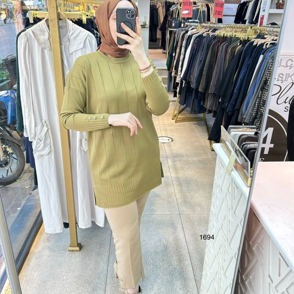 1694 Düz Şerit Detaylı Merserize Tunik - Görsel 1