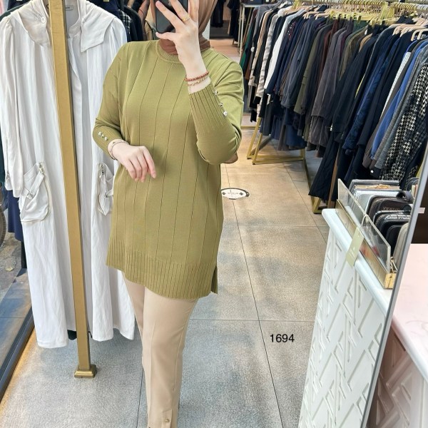 1694 Düz Şerit Detaylı Merserize Tunik - Görsel 2