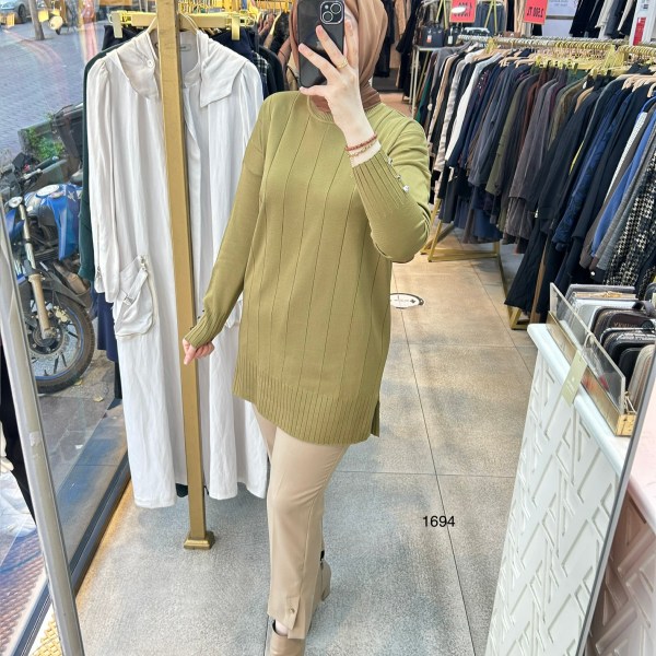 1694 Düz Şerit Detaylı Merserize Tunik - Görsel 4