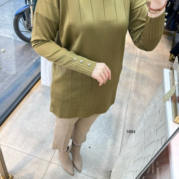 1694 Düz Şerit Detaylı Merserize Tunik - Görsel 3