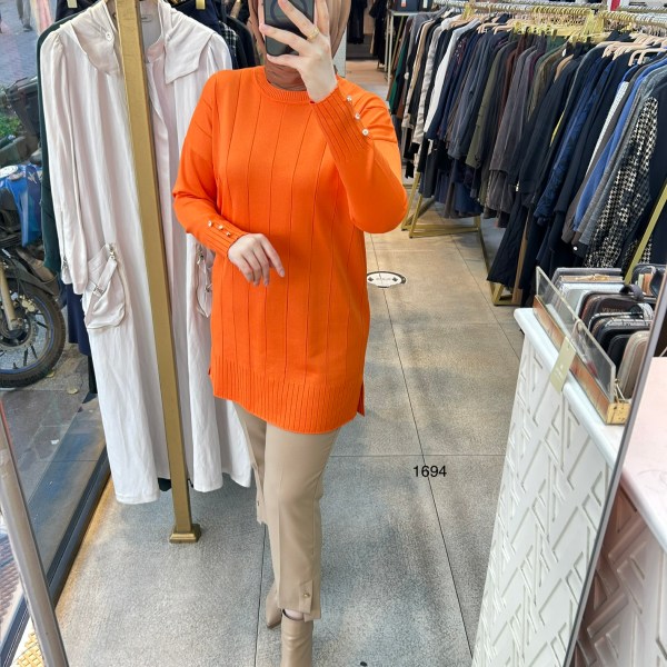 1694 Düz Şerit Detaylı Merserize Tunik - Görsel 5