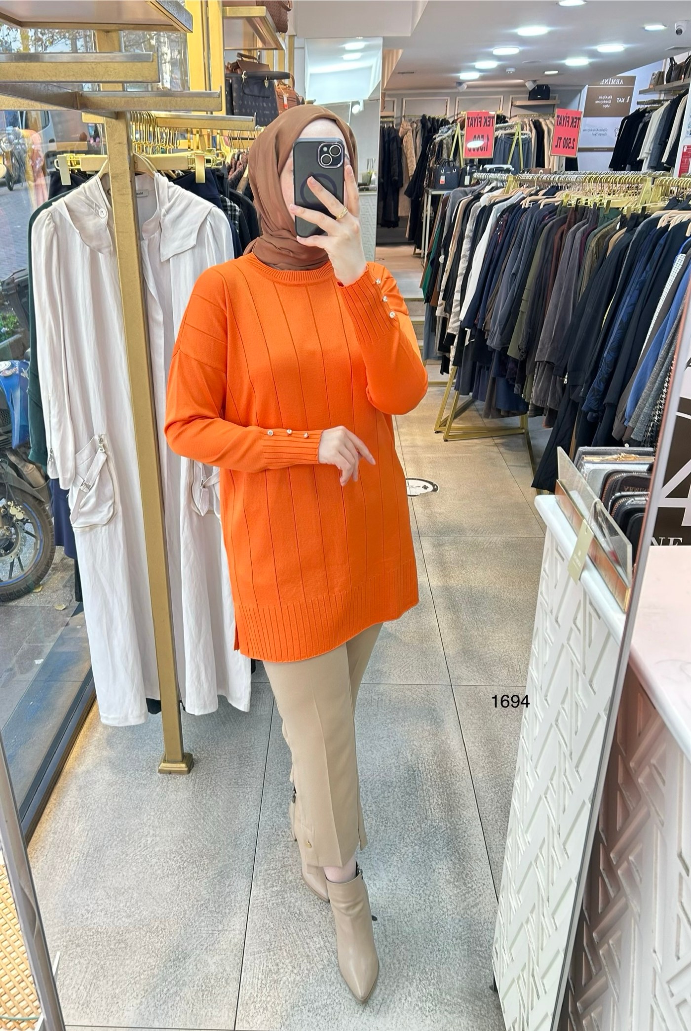 1694 Düz Şerit Detaylı Merserize Tunik