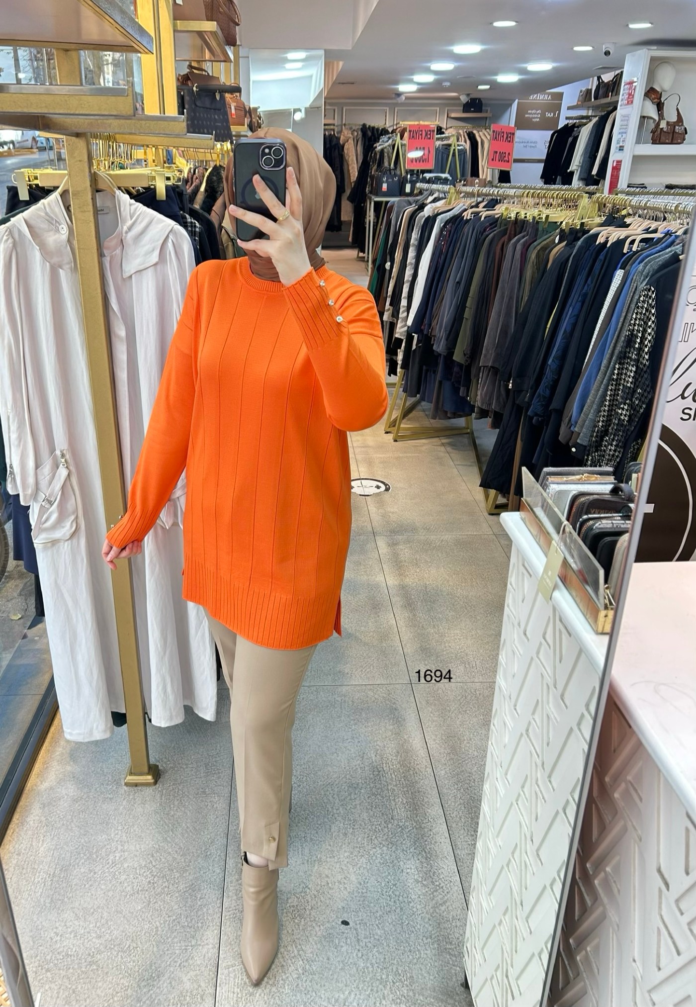 1694 Düz Şerit Detaylı Merserize Tunik