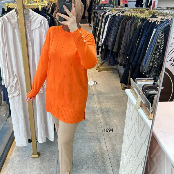 1694 Düz Şerit Detaylı Merserize Tunik - Görsel 7