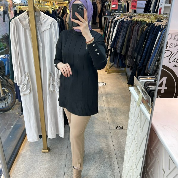 1694 Düz Şerit Detaylı Merserize Tunik - Görsel 12