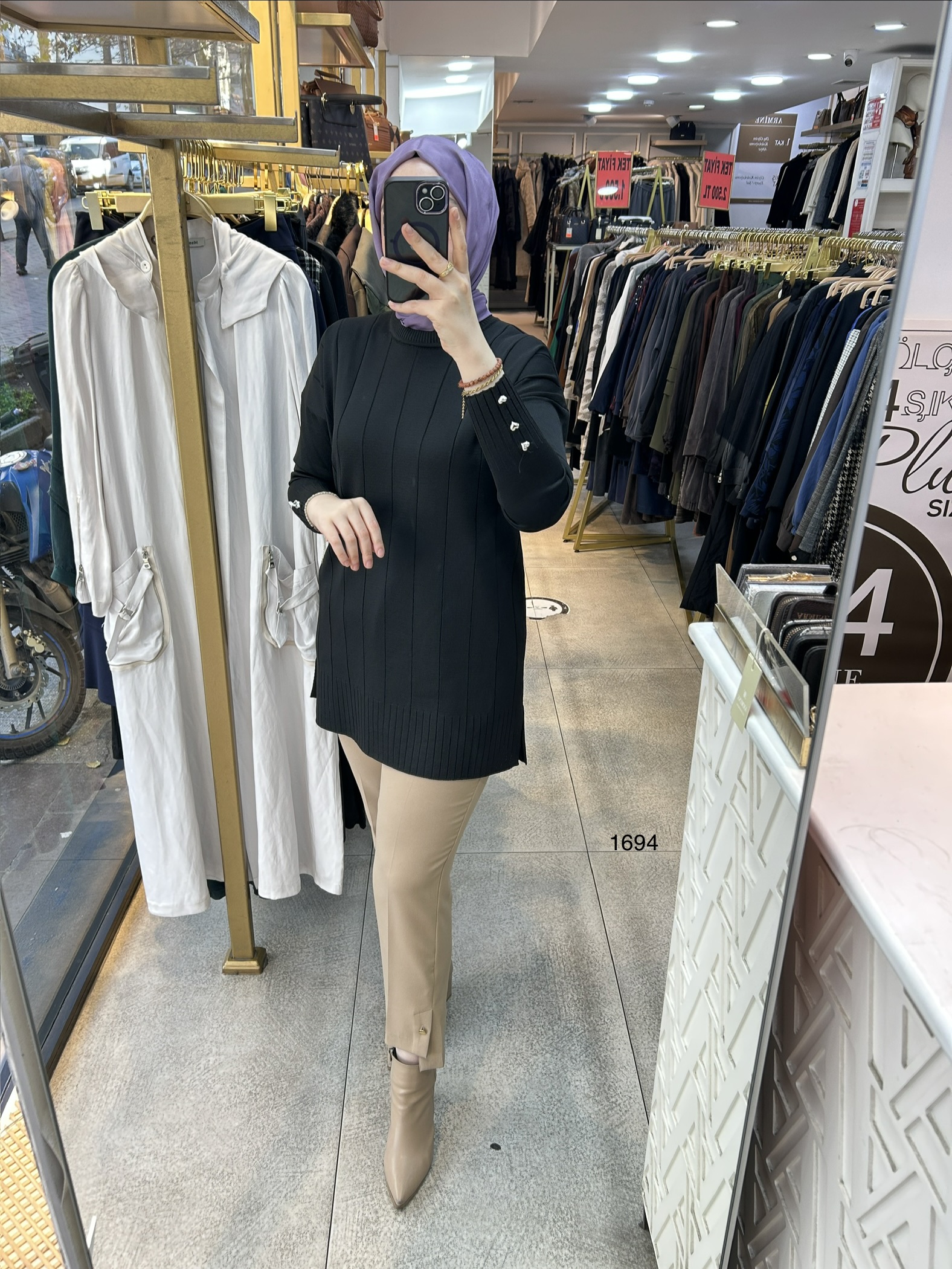 1694 Düz Şerit Detaylı Merserize Tunik - Görsel 12