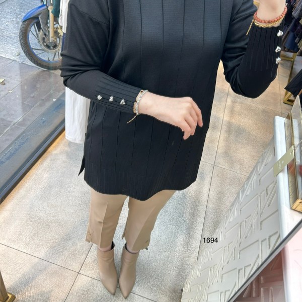 1694 Düz Şerit Detaylı Merserize Tunik - Görsel 9