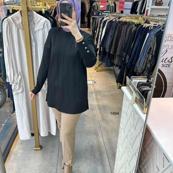 1694 Düz Şerit Detaylı Merserize Tunik - Görsel 10