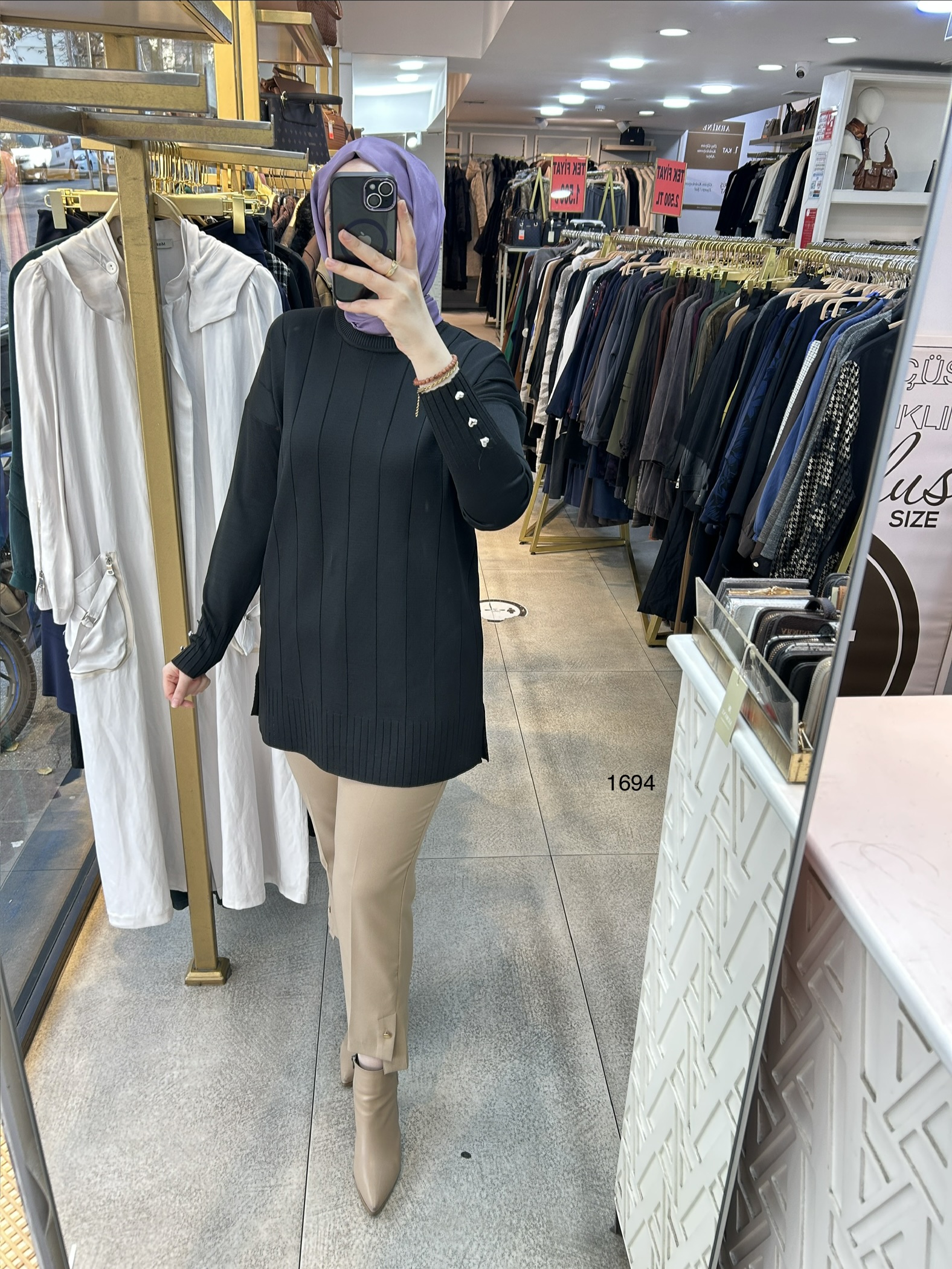 1694 Düz Şerit Detaylı Merserize Tunik - Görsel 10