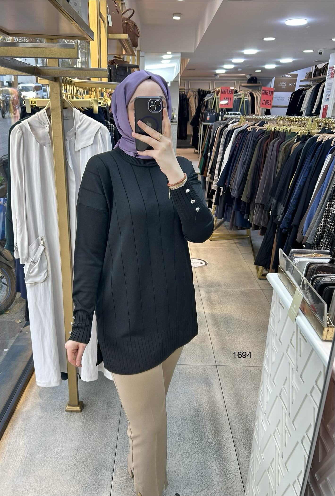 1694 Düz Şerit Detaylı Merserize Tunik - Görsel 11