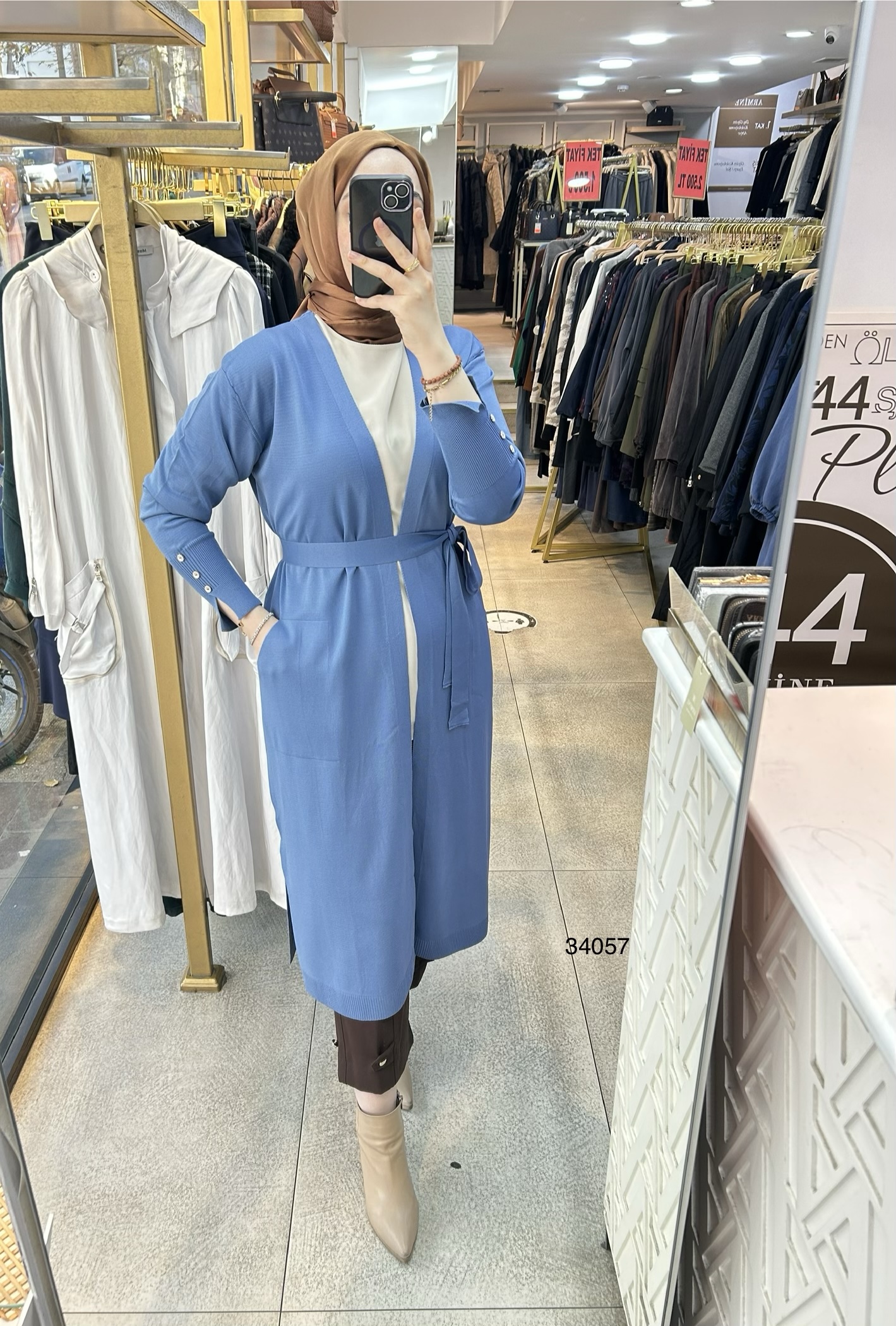 34057 Kol Kısmı Düğmeli Kemerli Hırka - Görsel 9