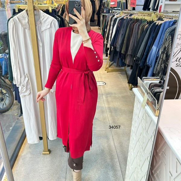 34057 Kol Kısmı Düğmeli Kemerli Hırka - Görsel 15