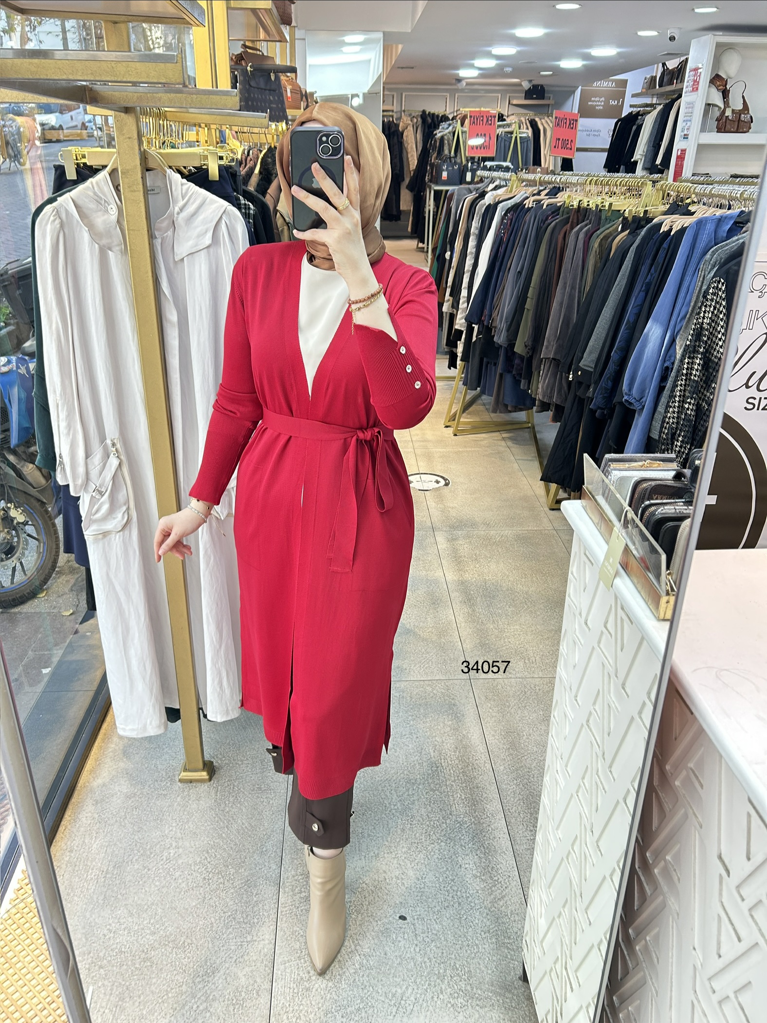 34057 Kol Kısmı Düğmeli Kemerli Hırka - Görsel 6